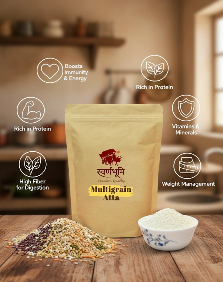 Swarnbhoomi Multigrain Atta pack with scattered grains and flour
